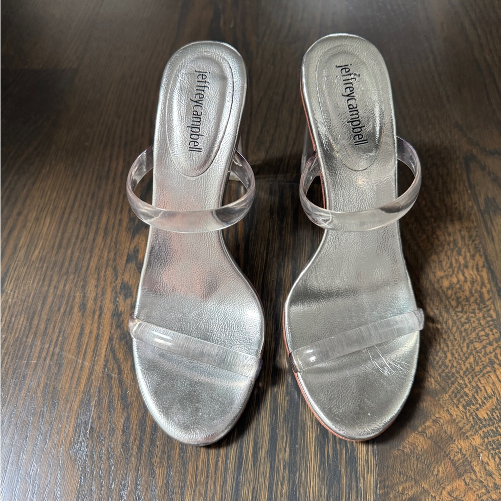Jeffrey Campbell Clear Strap Silver Footbed Slide Heels
